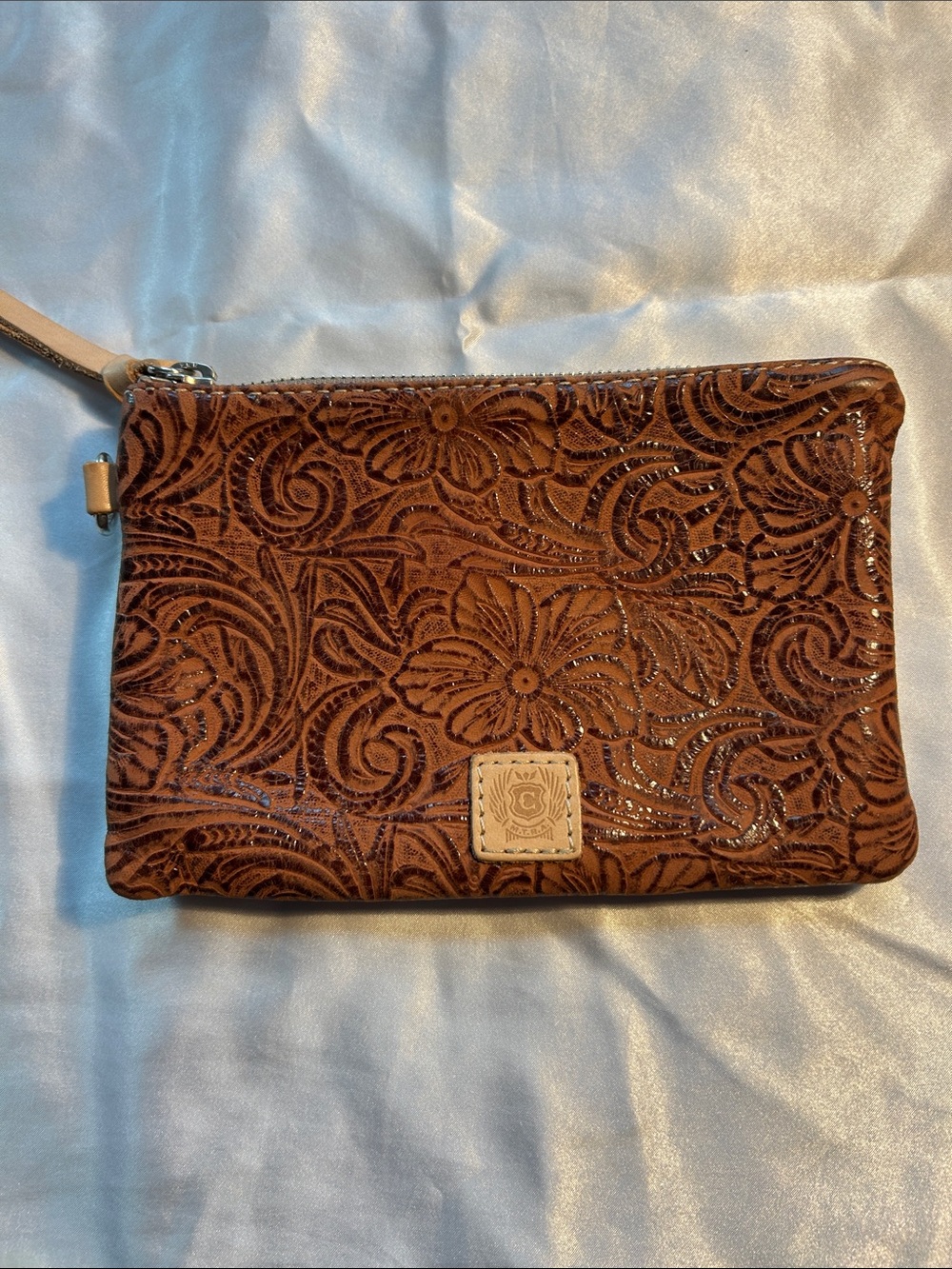 Consuela Brown Floral Embossed Wristlet Clutch